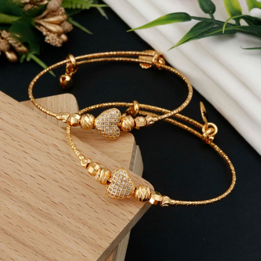 Women’s Gold-Plated Heart CZ Kada Bangles (Pair)
