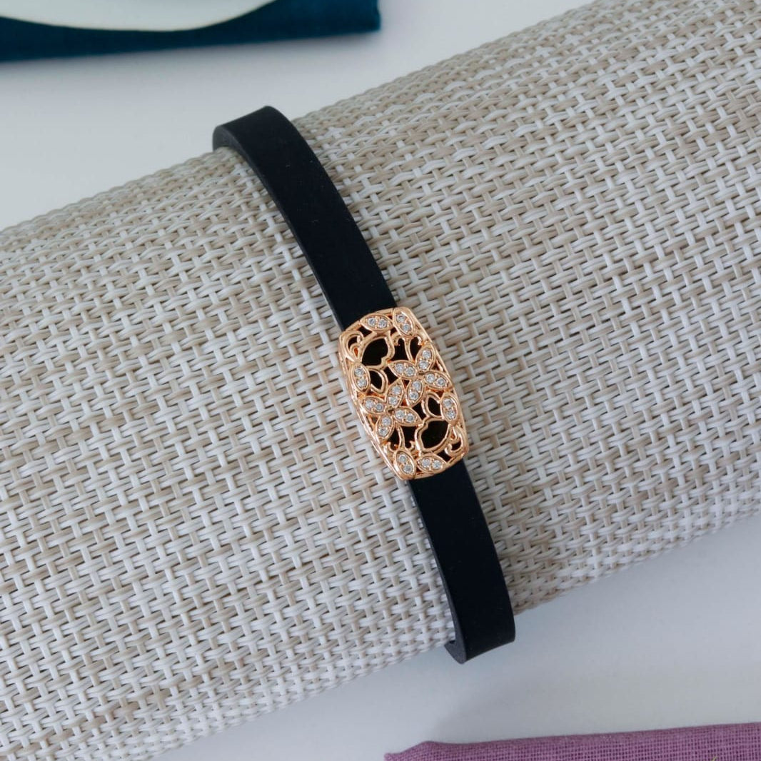 Girls Black Strap Rose-Gold Crystal Bracelet