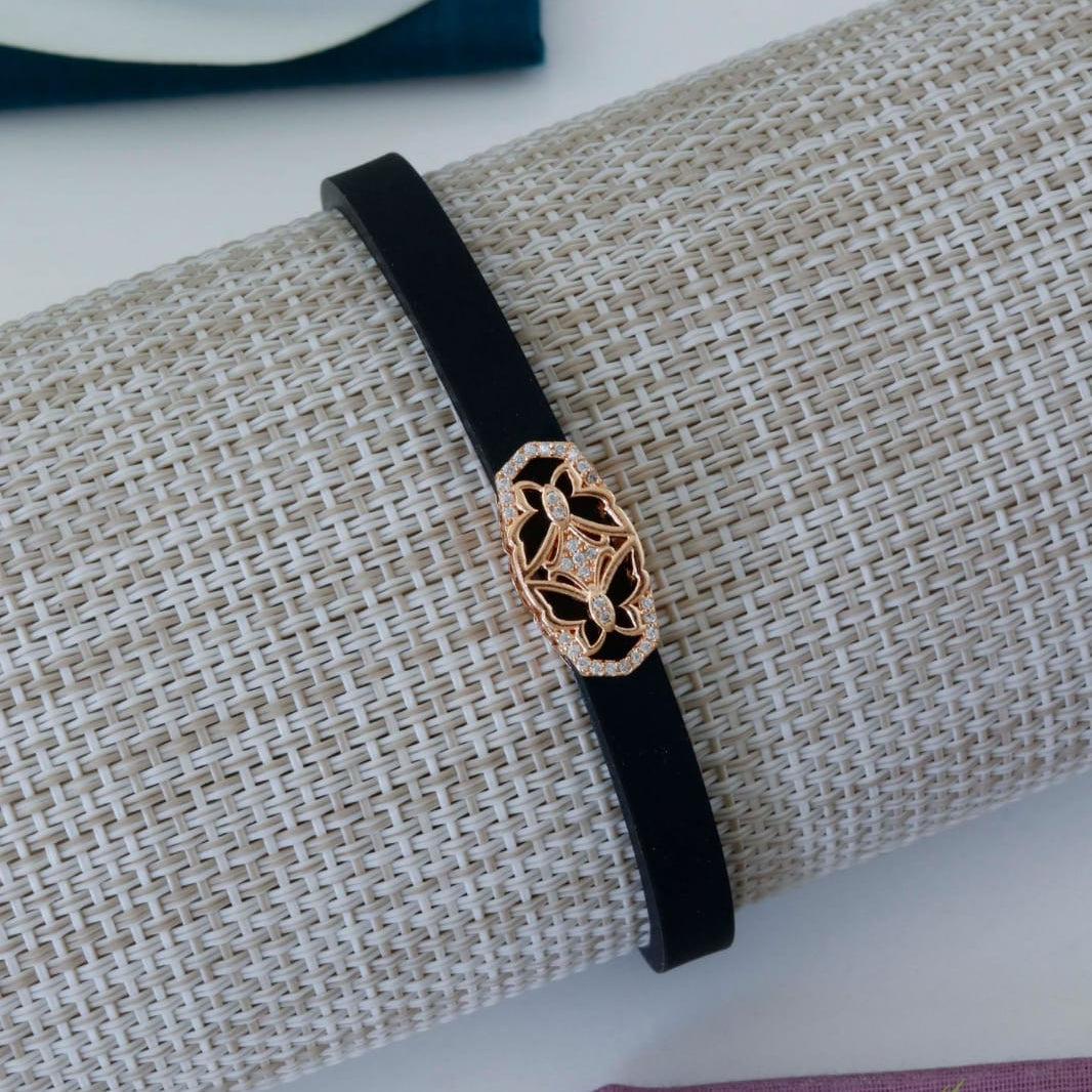 Girls Black Strap Rose-Gold Charm Bracelet