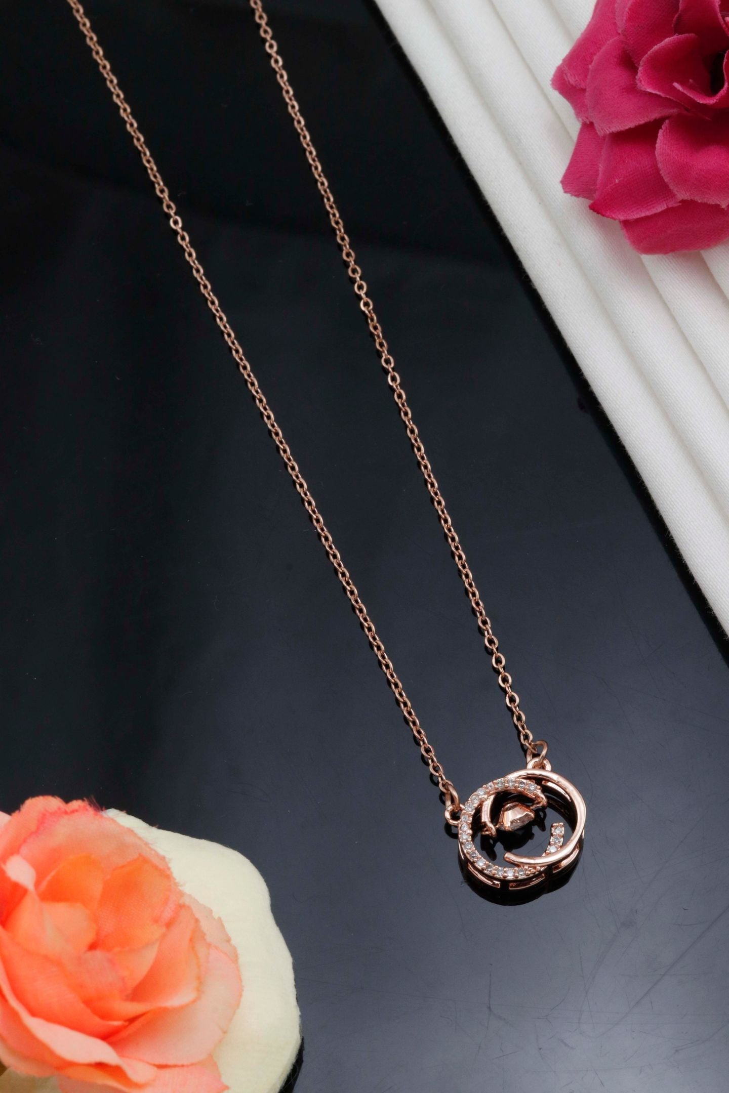 Rose Gold Double Circle Crystal Pendant Necklace