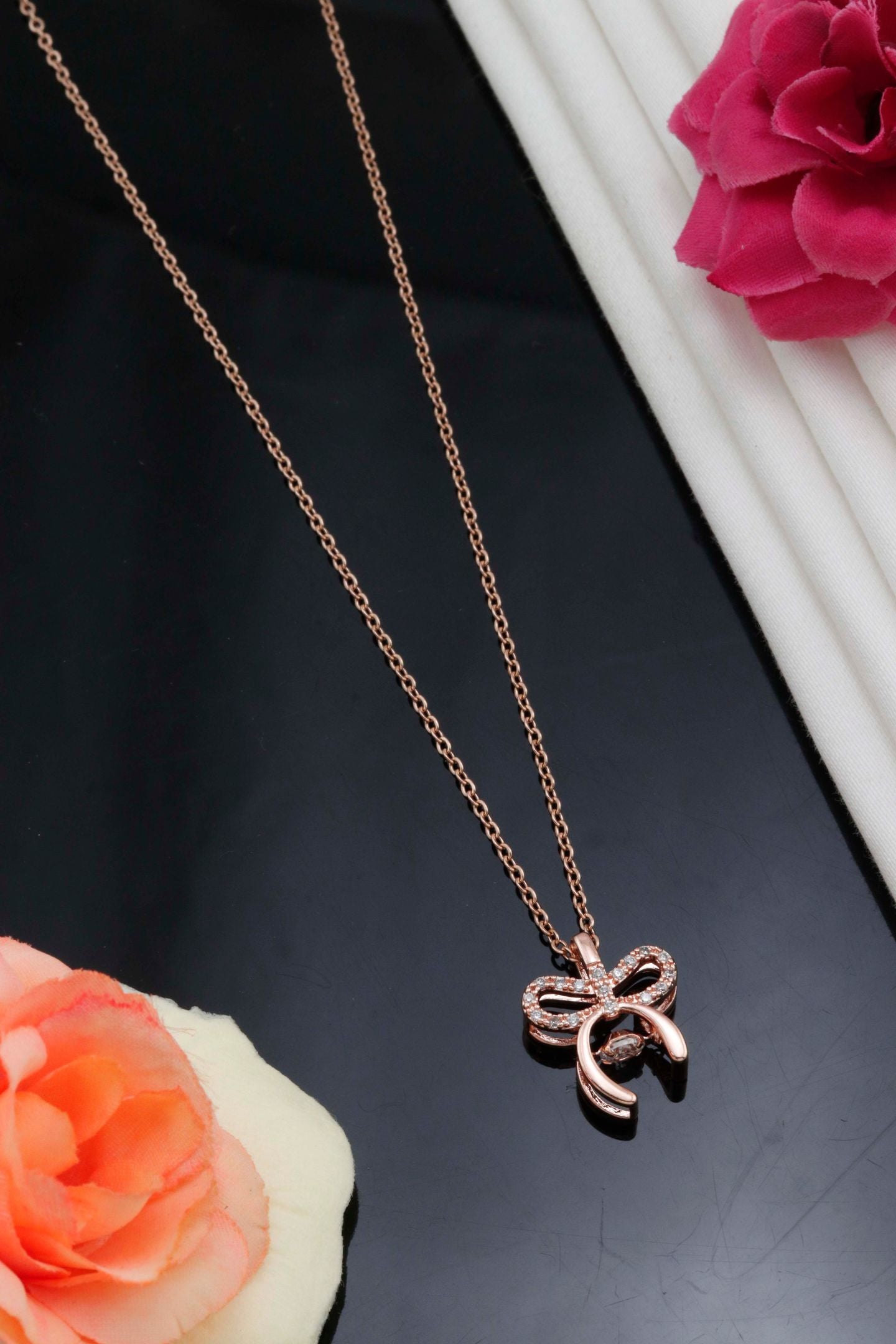Rose Gold Crystal Bow Pendant Necklace