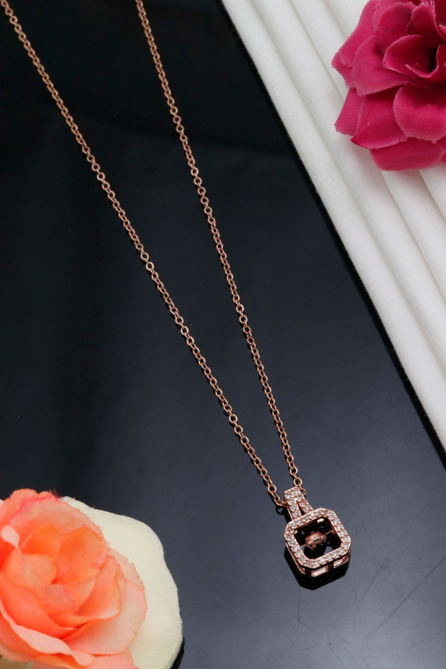 Rose Gold Square Crystal Charm Necklace