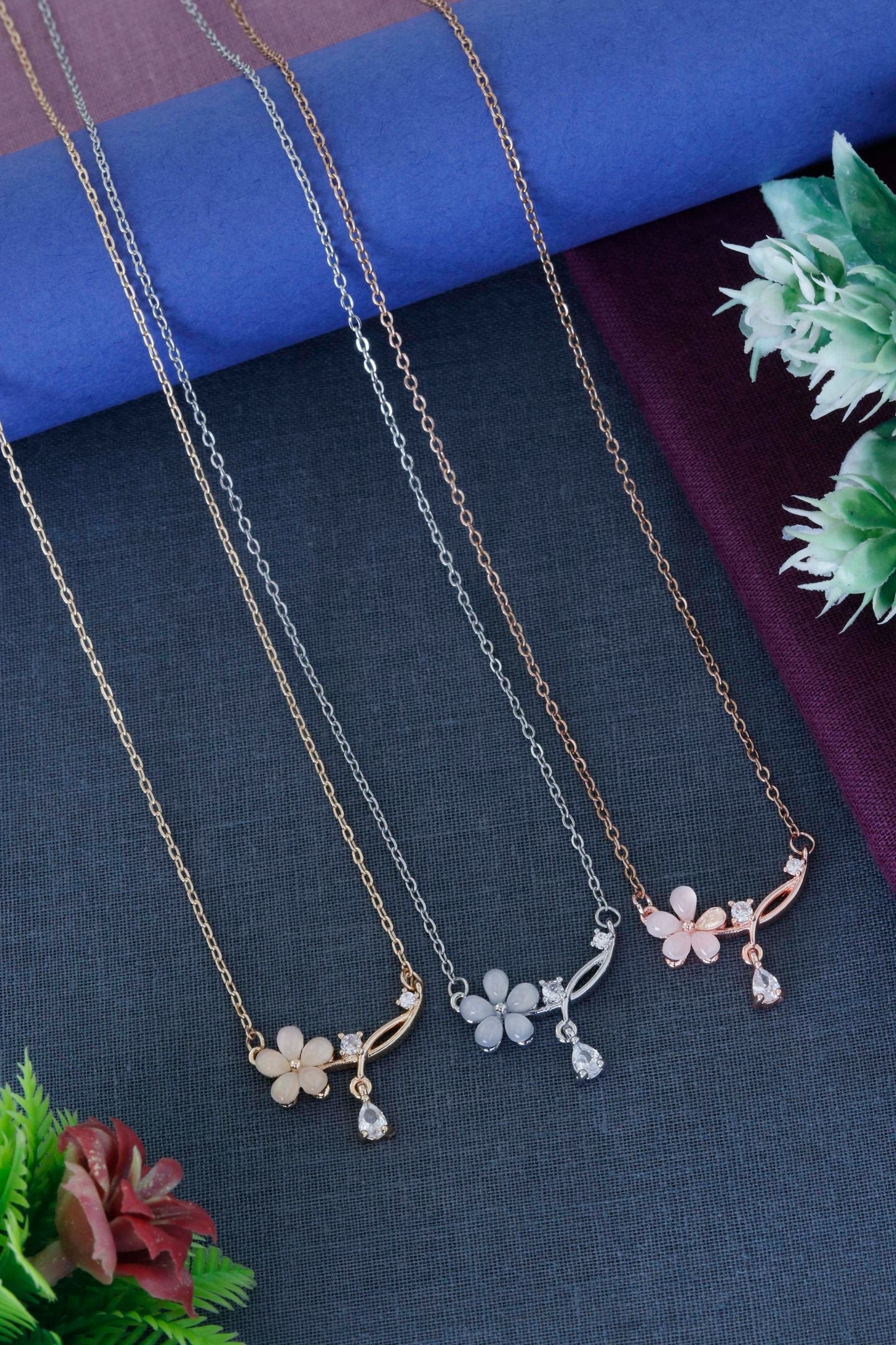 Floral Crystal Drop Pendant Necklace