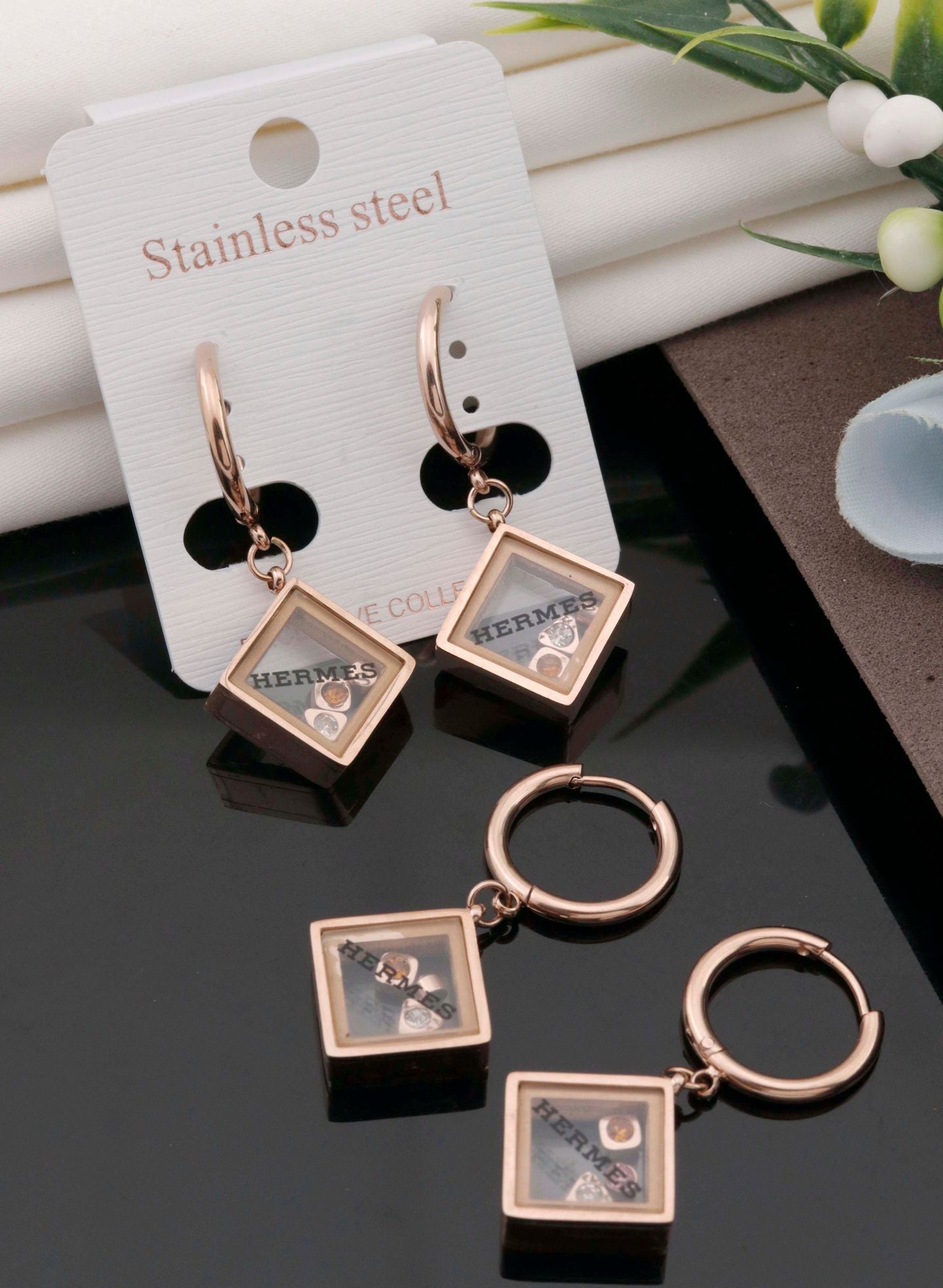 Rose Gold Square Charm Hoop Earrings