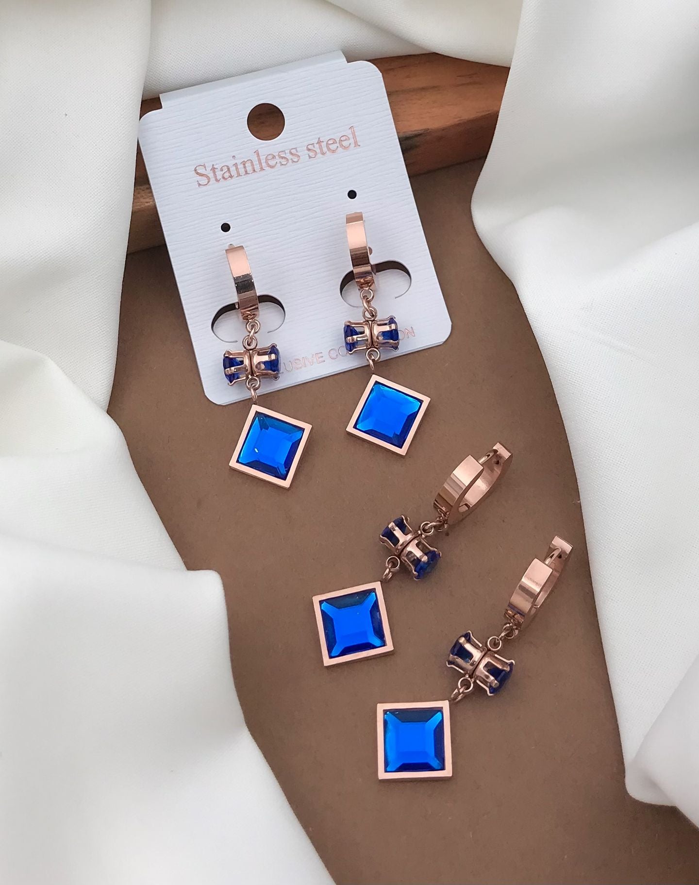Rose Gold Blue Stone Square Earrings