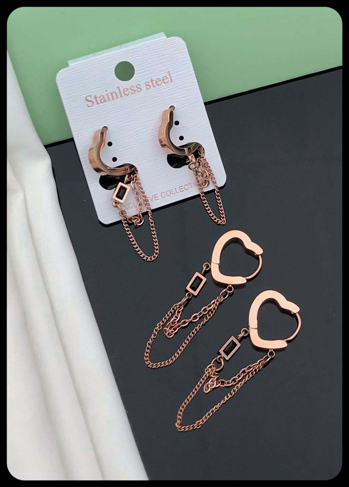 Rose Gold Black Stone Chain Hoop Earrings