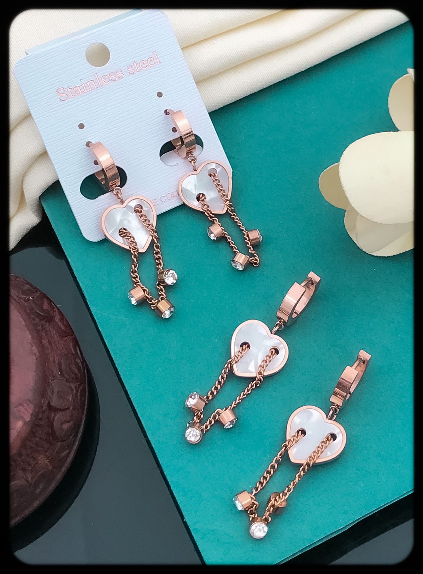 Rose Gold Heart Charm Chain Earrings
