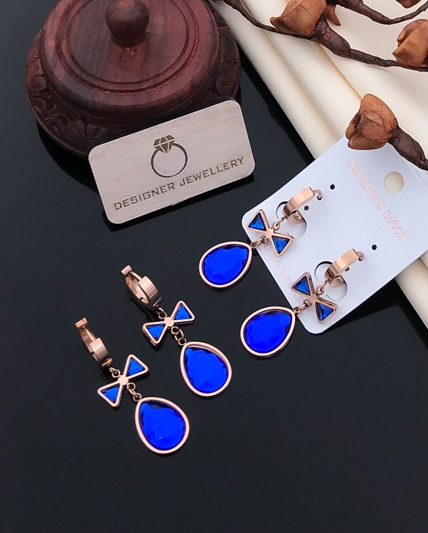 Rose Gold Blue Crystal Drop Earrings
