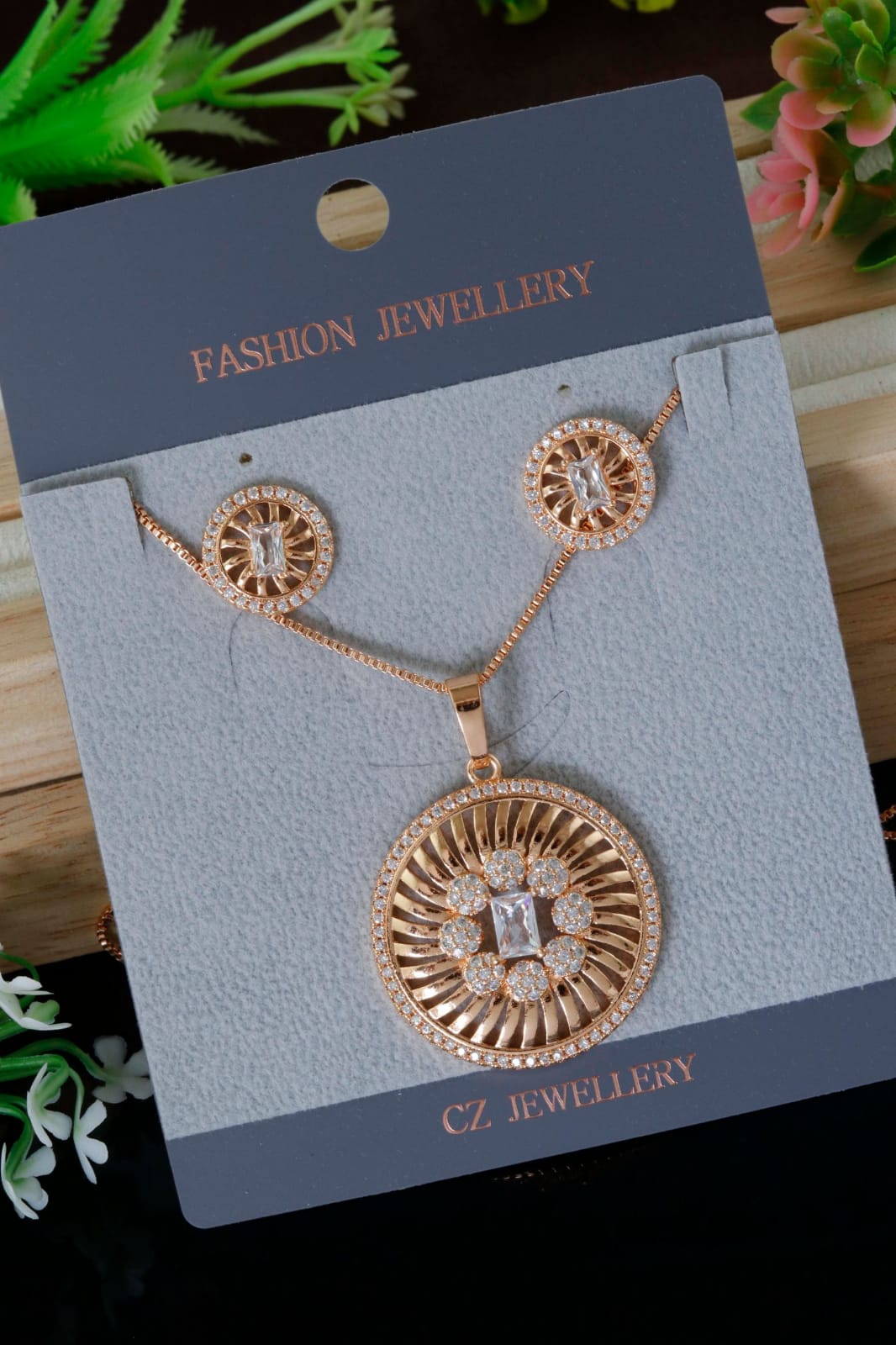 Rose Gold Round CZ Pendant Set