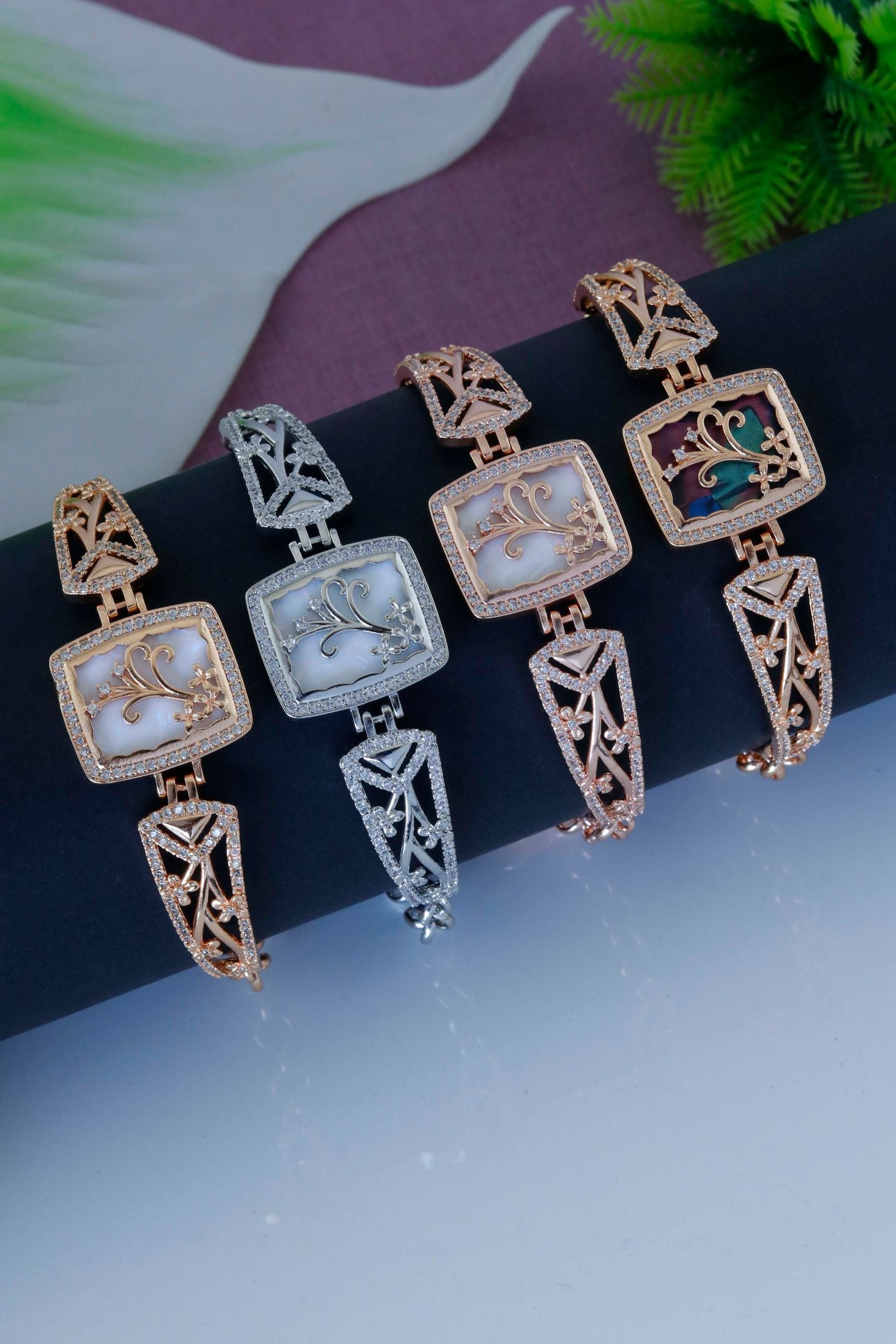 Square Floral Designer Bracelet with Stone Border