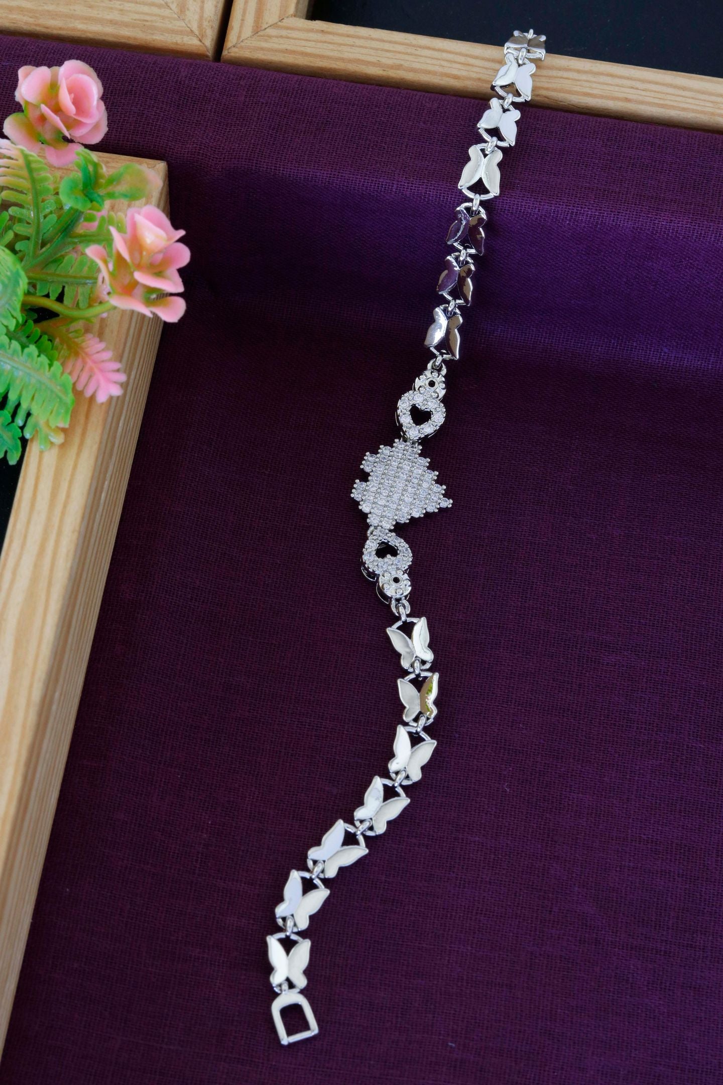 Silver Butterfly CZ Heart Charm Bracelet