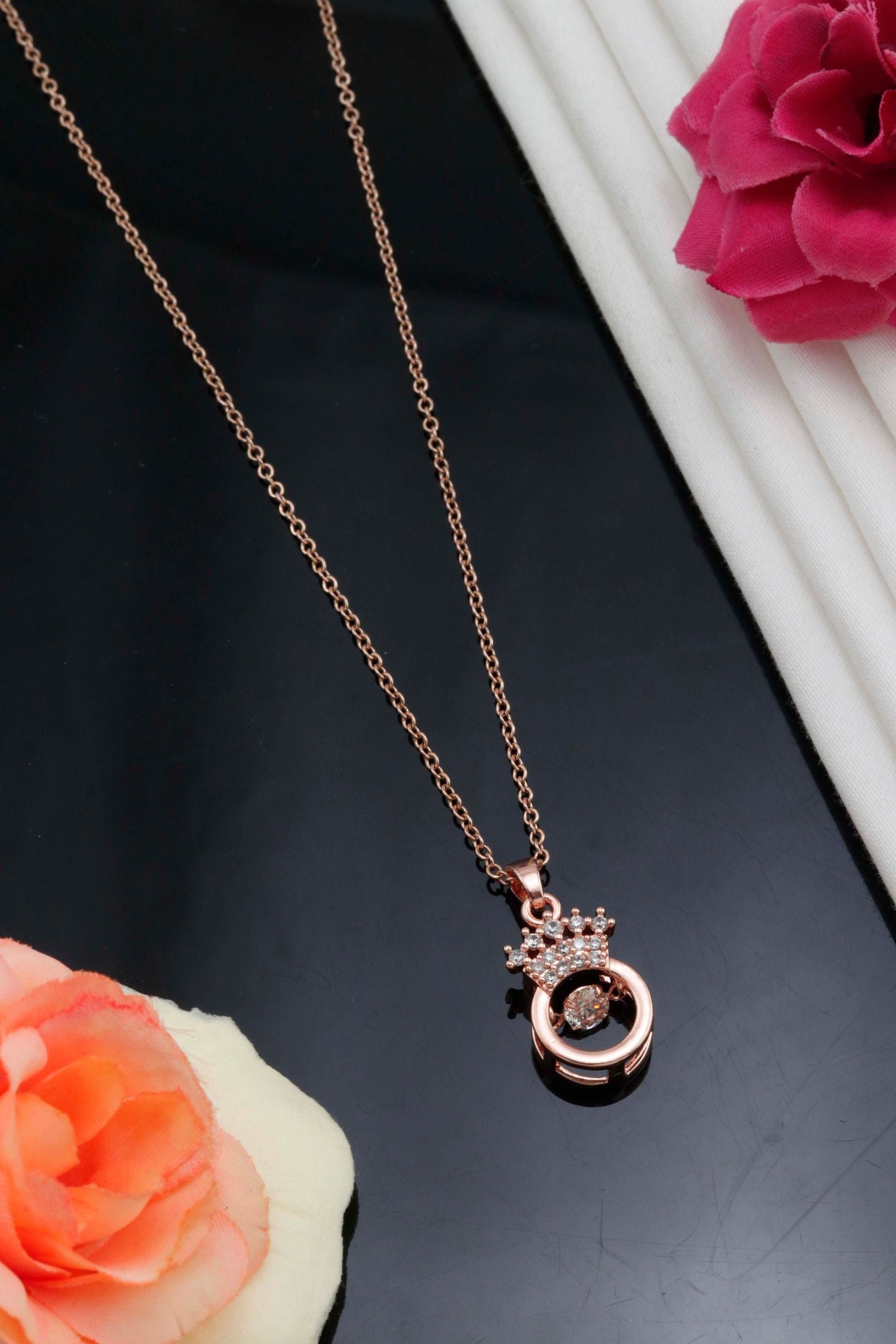 Rose Gold Crown CZ Pendant Necklace