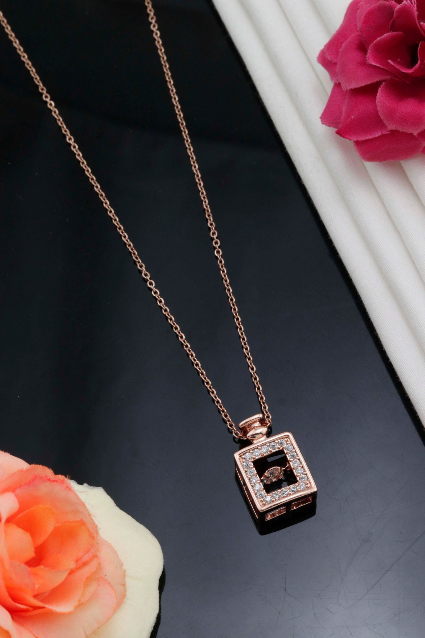 Rose Gold Square Crystal Pendant Necklace