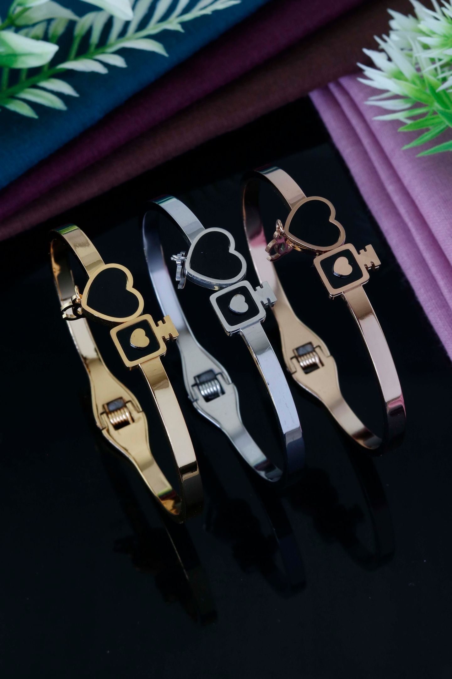 Heart & Key Love Cuff Bracelet