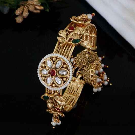 Royal Temple Kada Bracelet with Floral Kundan Design
