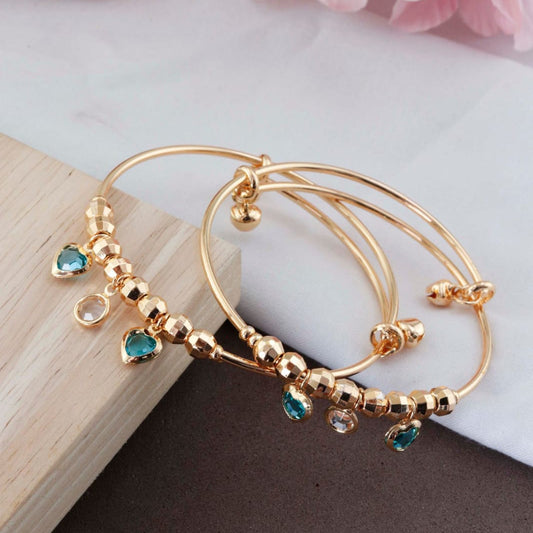 Women’s Gold-Plated Heart Stone Charm Kada Bangles (Pair)