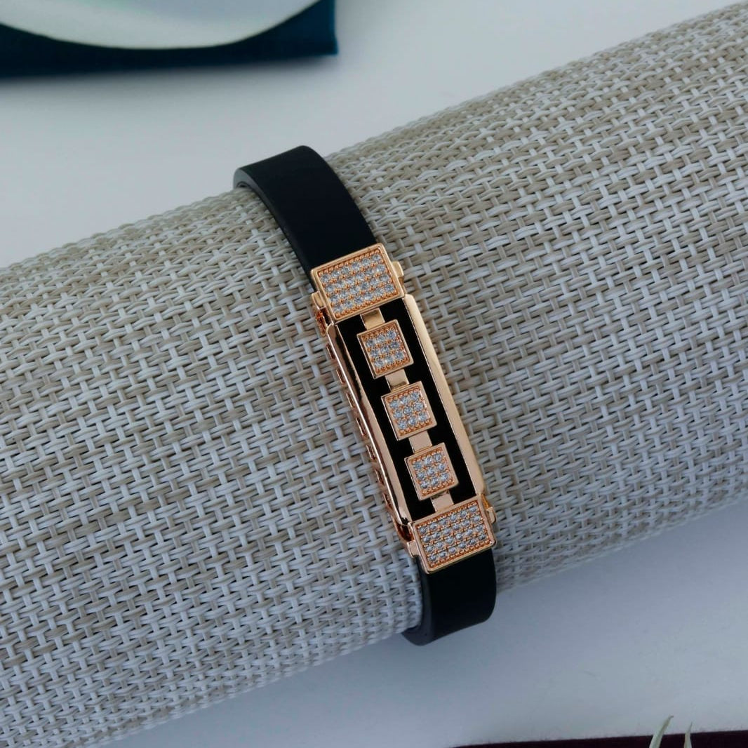 Square Stone Black Leather Bracelet