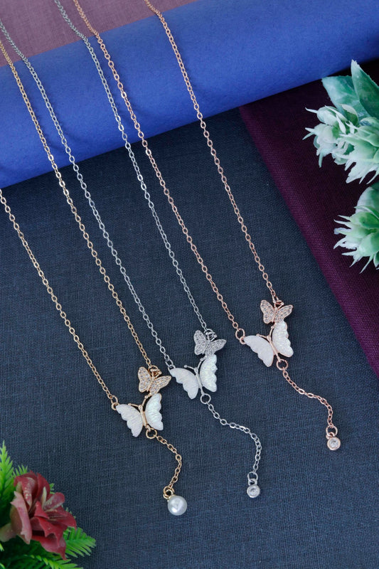 Graceful Butterfly Pearl Drop Necklace