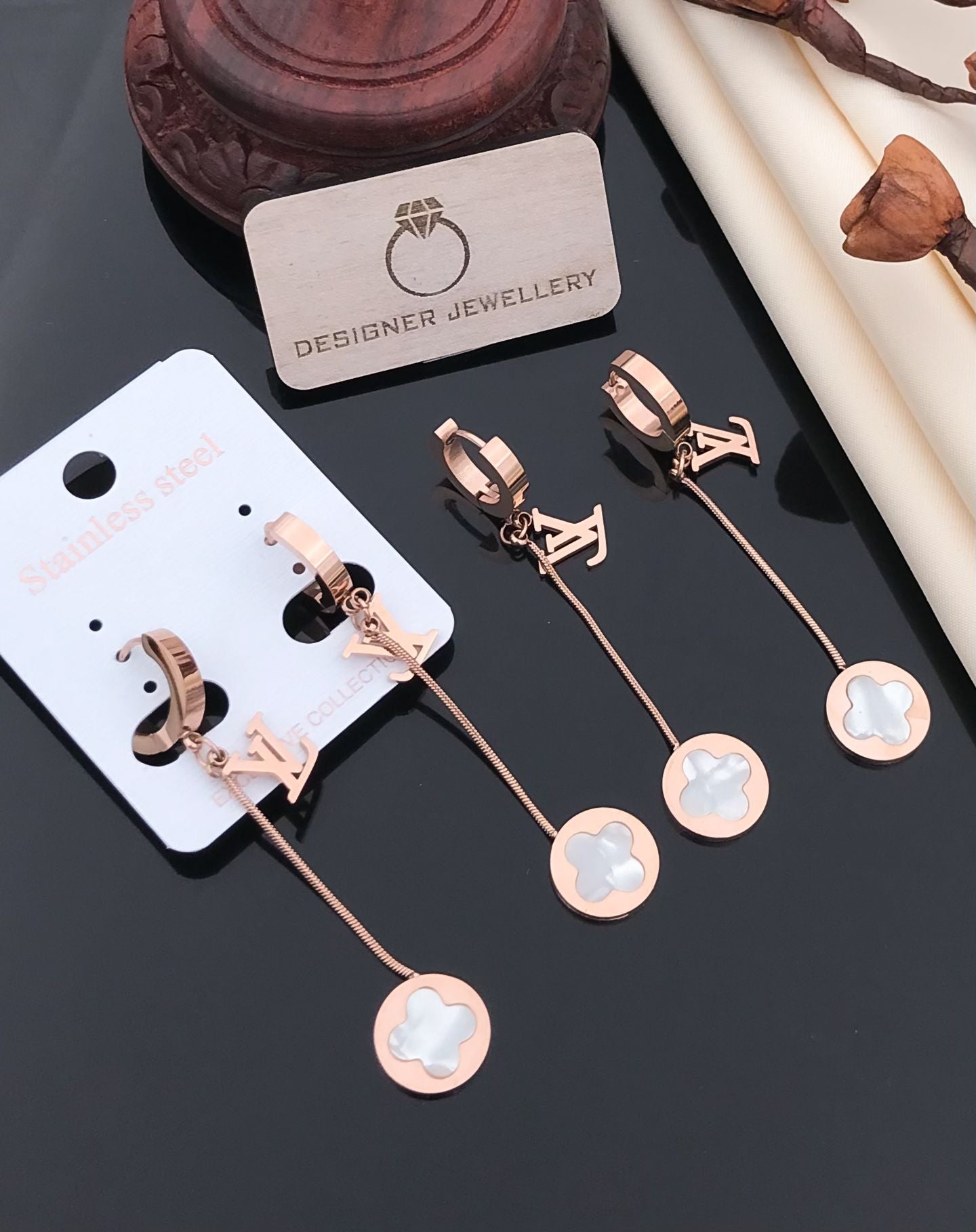 Rose Gold LV Style Long Drop Earrings