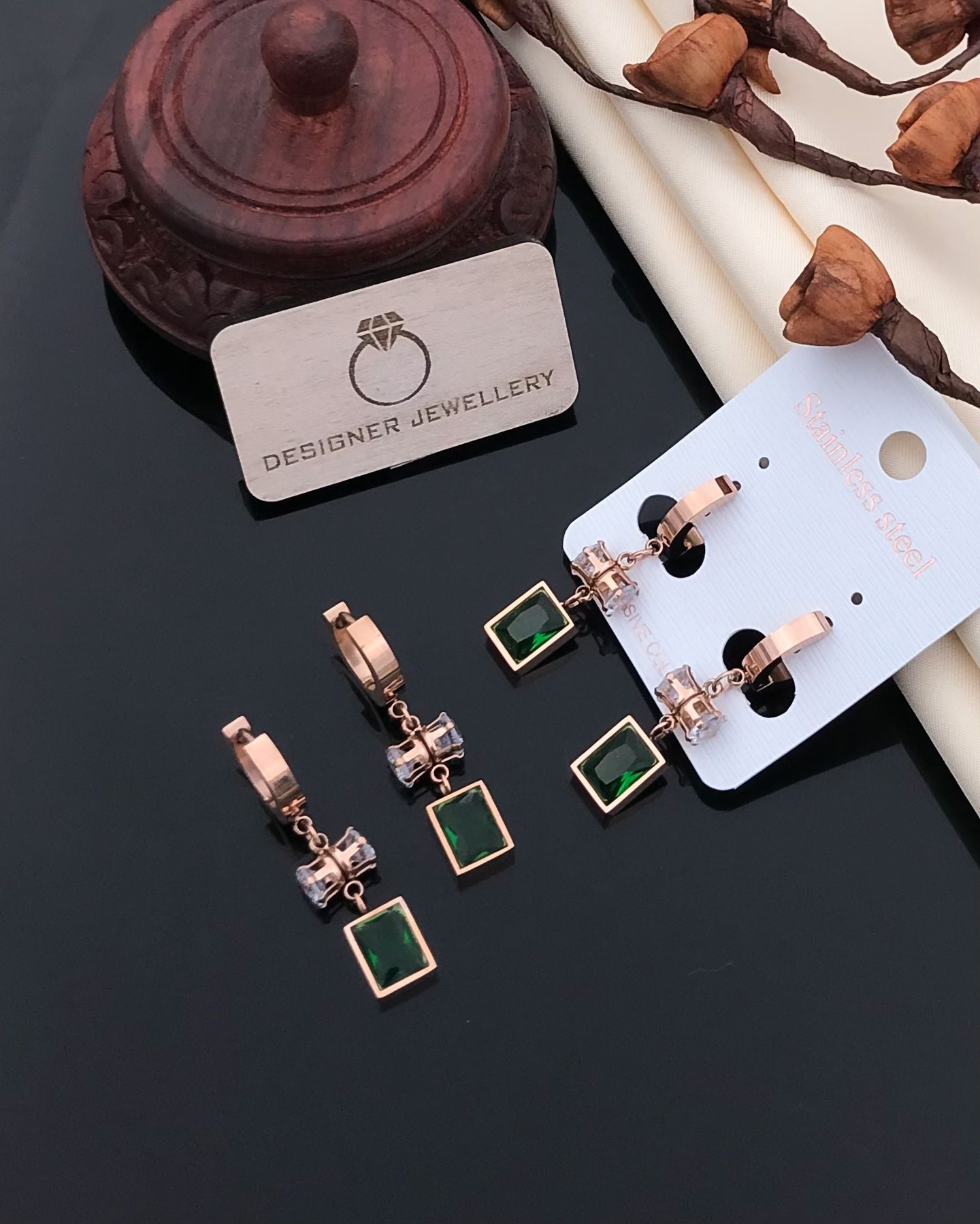 Rose Gold Green Stone Drop Earrings