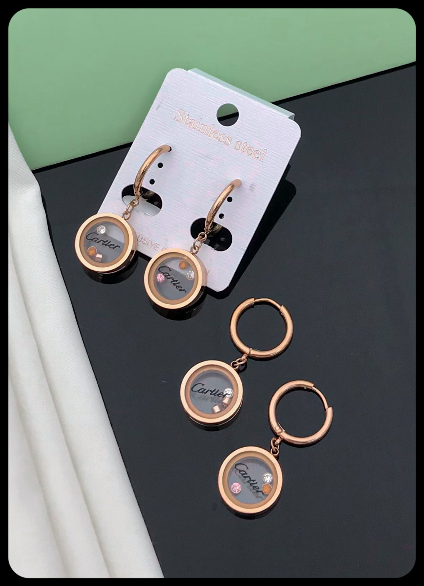 Rose Gold Round Charm Drop Earrings