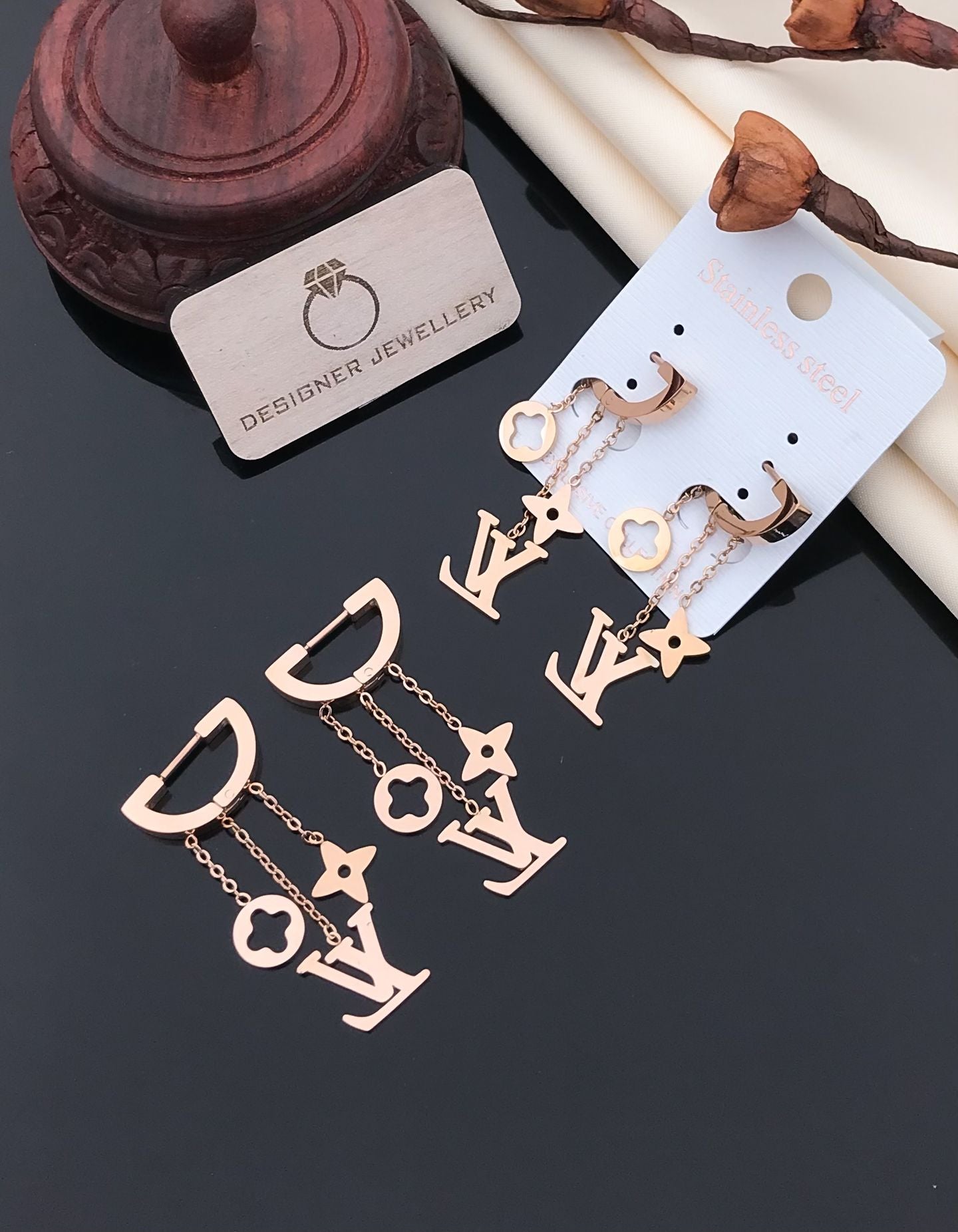 Rose Gold LV Style Chain Drop Earrings