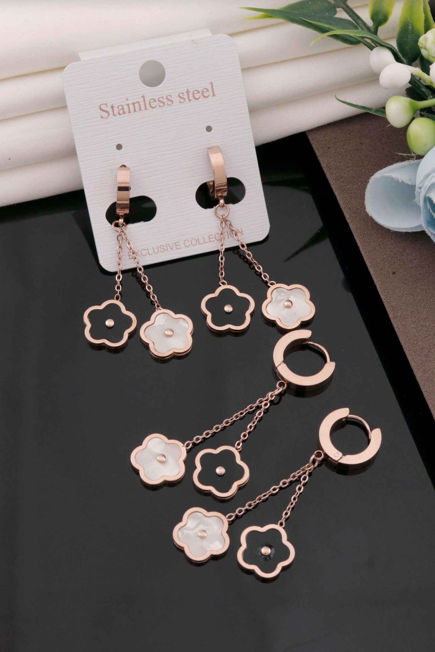 Rose Gold Floral Double Chain Earrings