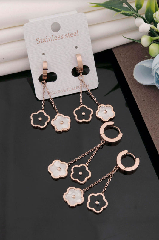 Rose Gold Floral Double Chain Earrings