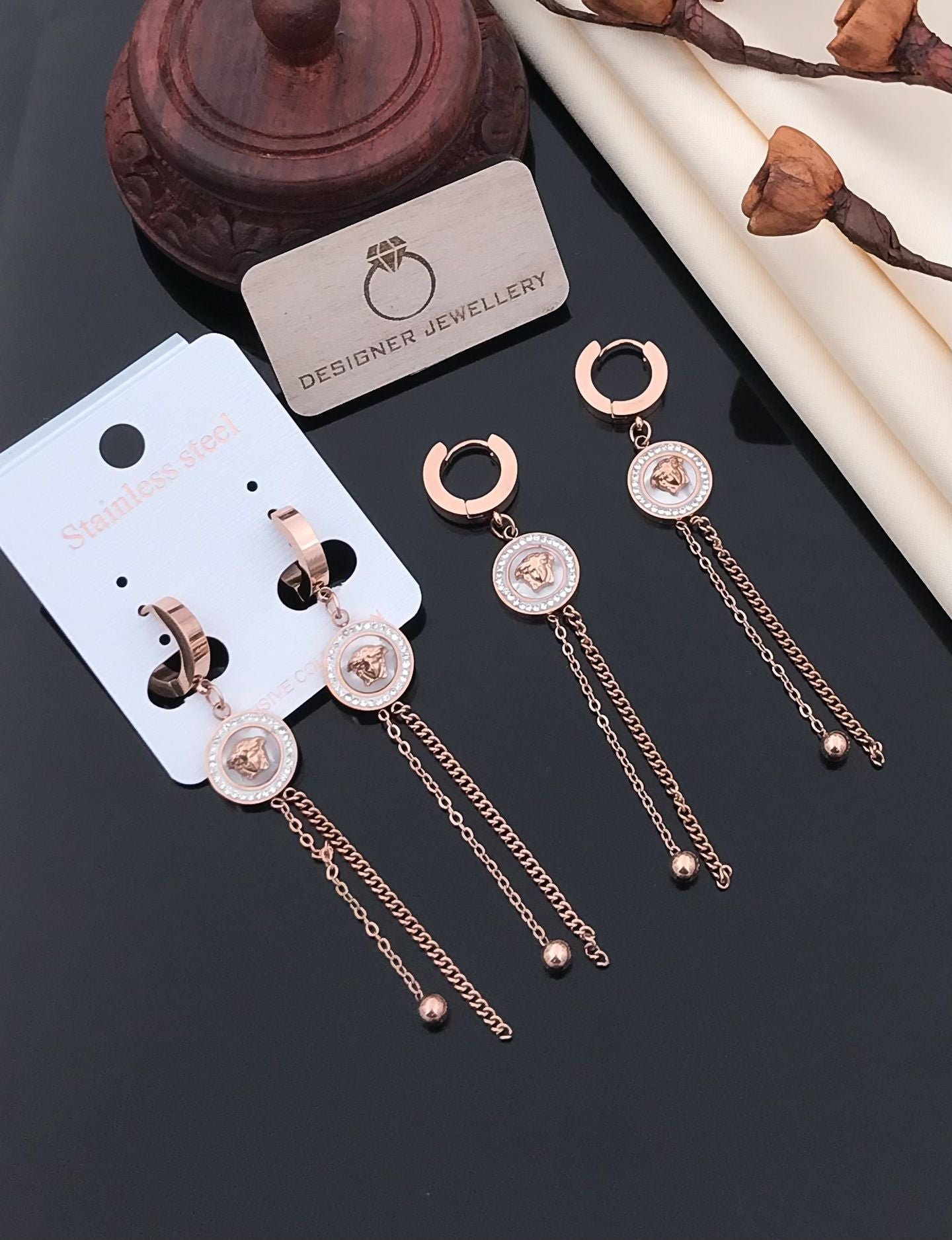 Rose Gold Medallion Chain Drop Earrings