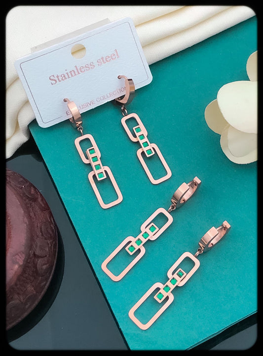 Rose Gold Green Stone Link Earrings