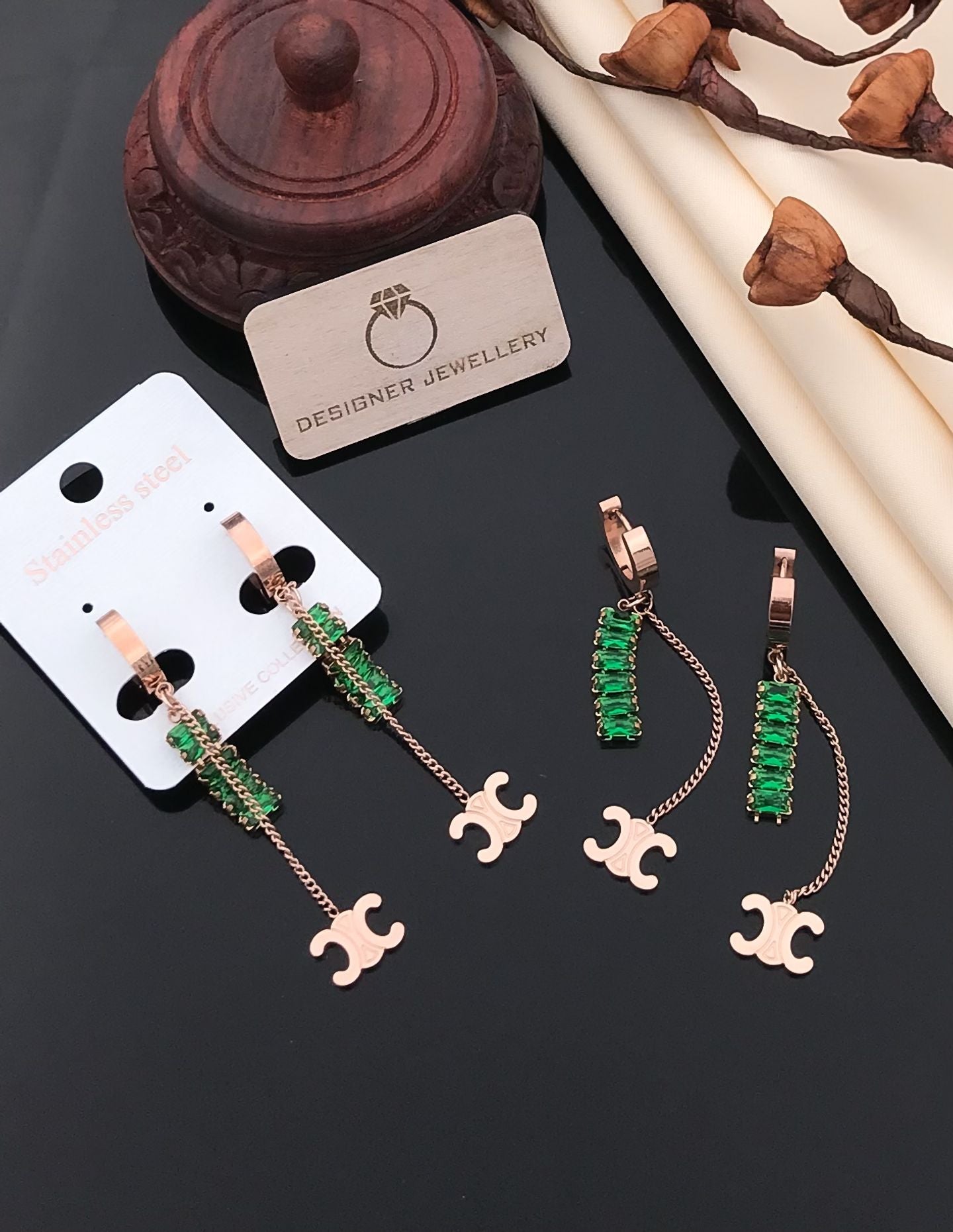 Rose Gold Green Crystal Chain Drop Earrings