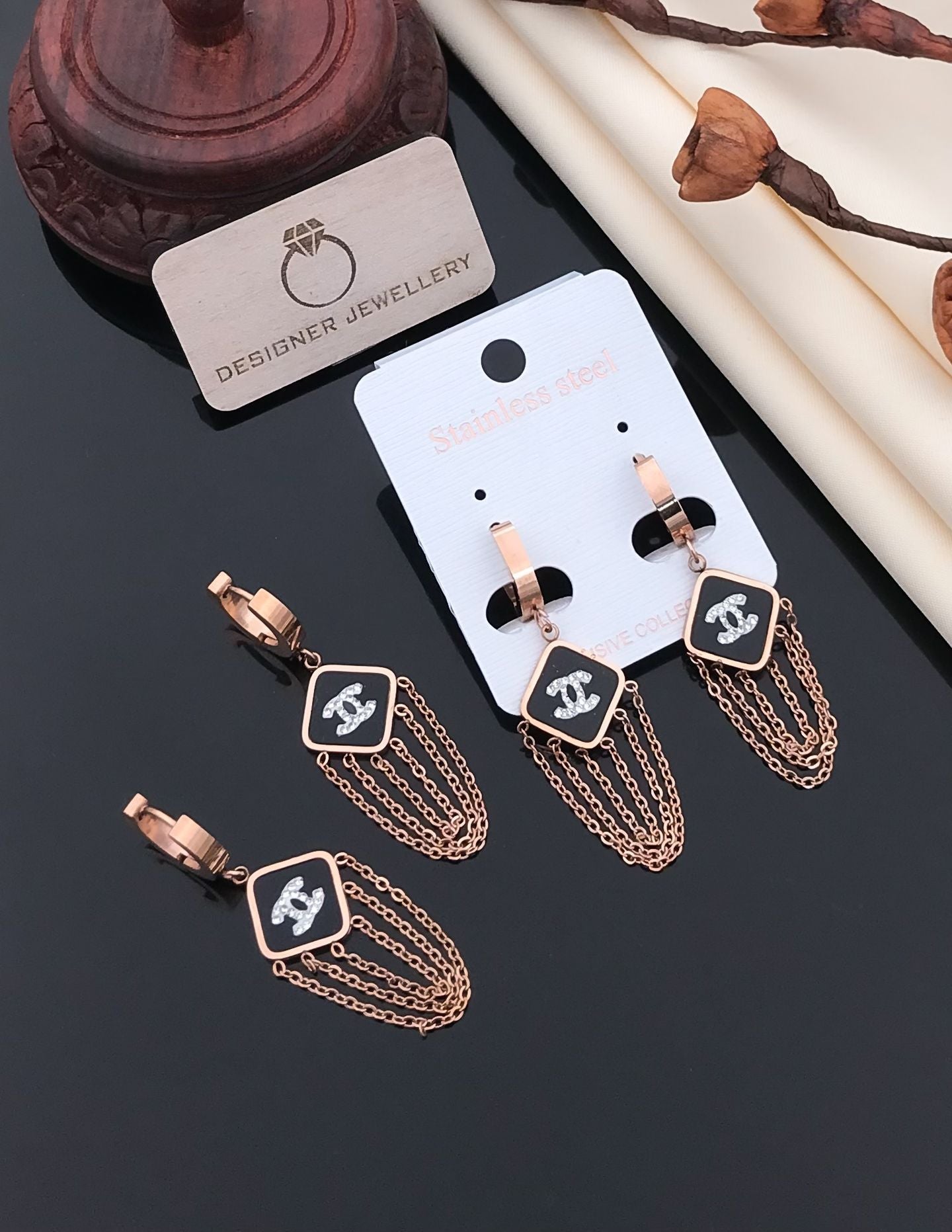 Rose Gold Black Square Chain Drop Earrings
