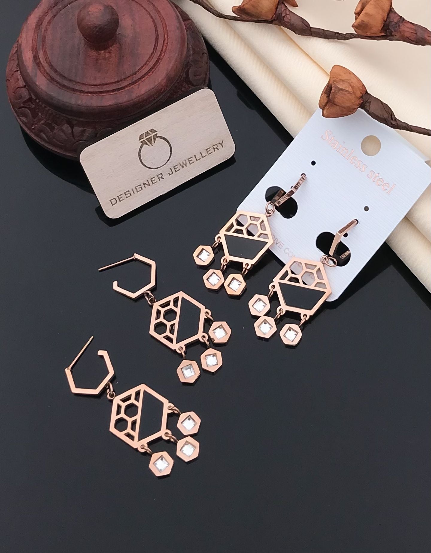 Rose Gold Geometric Crystal Drop Earrings