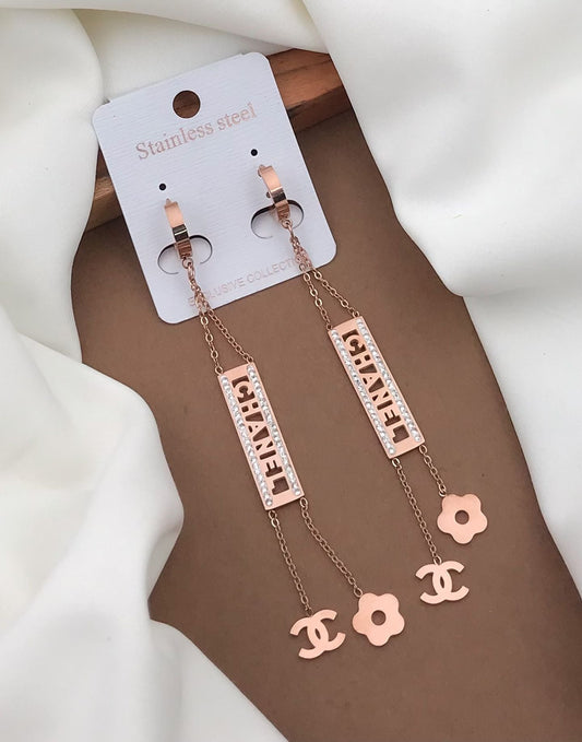 Rose Gold Vertical Text Chain Drop Earrings