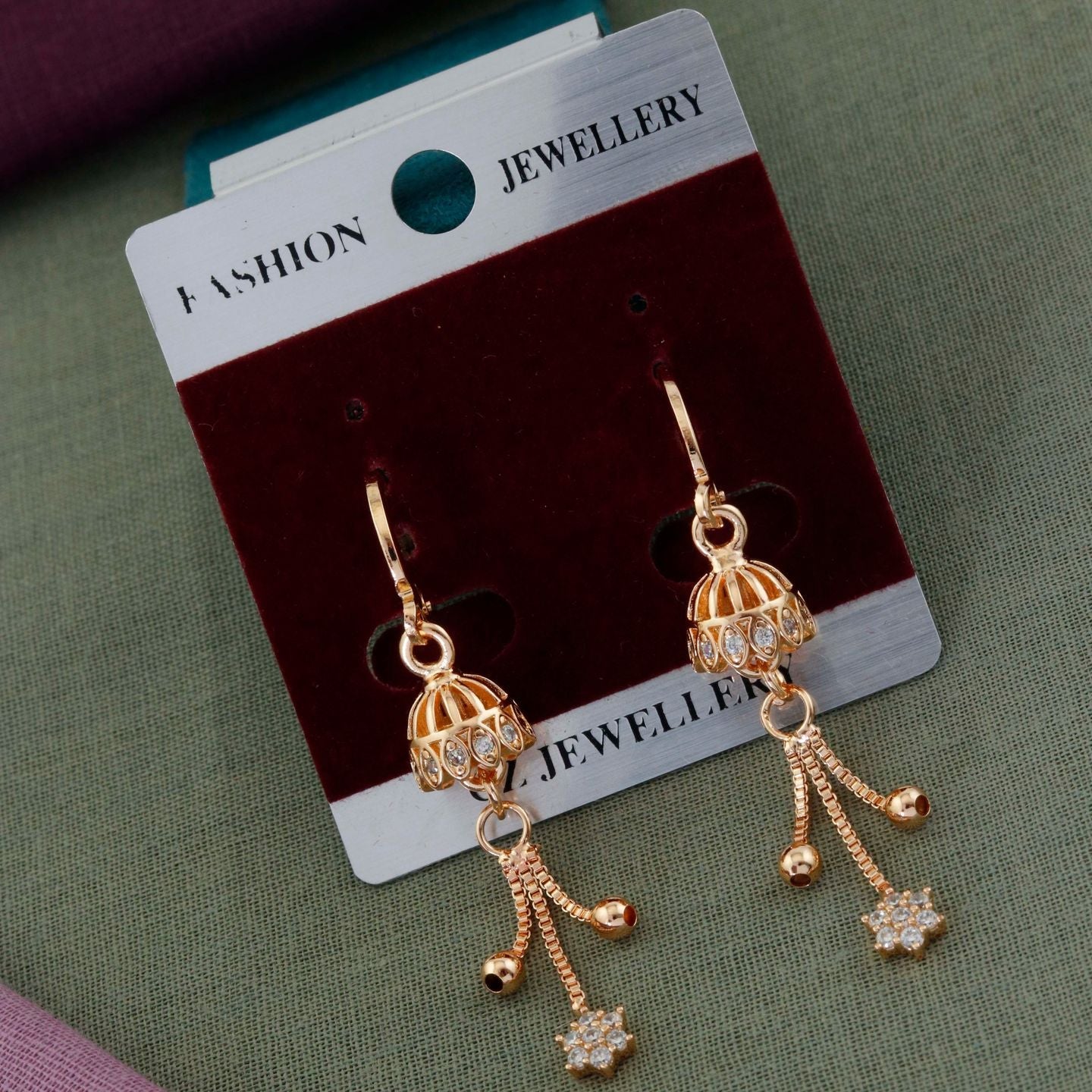 Gold-Plated Jhumki Style Earrings with CZ Stones