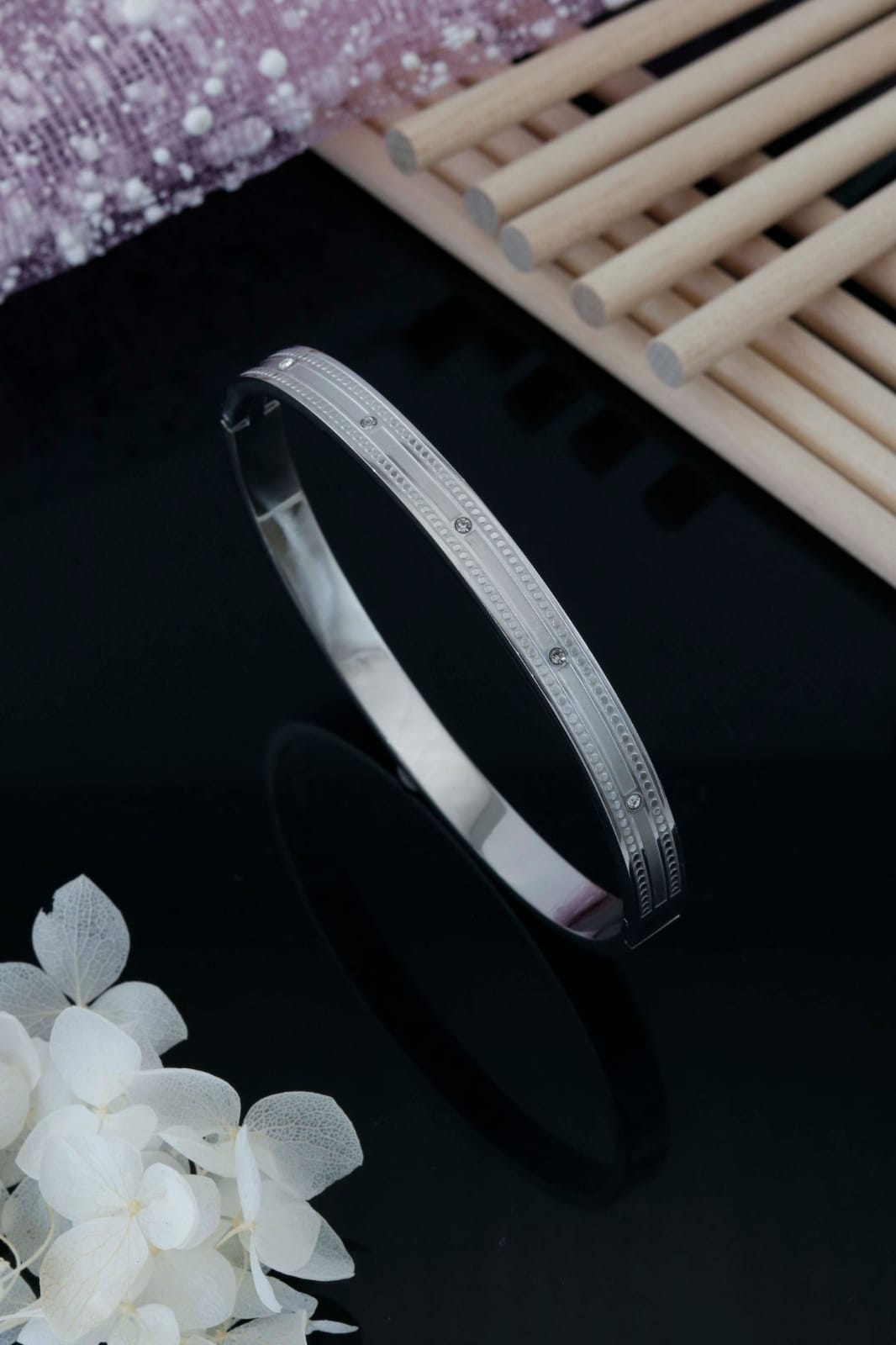 Silver CZ Studded Stainless Steel Kada