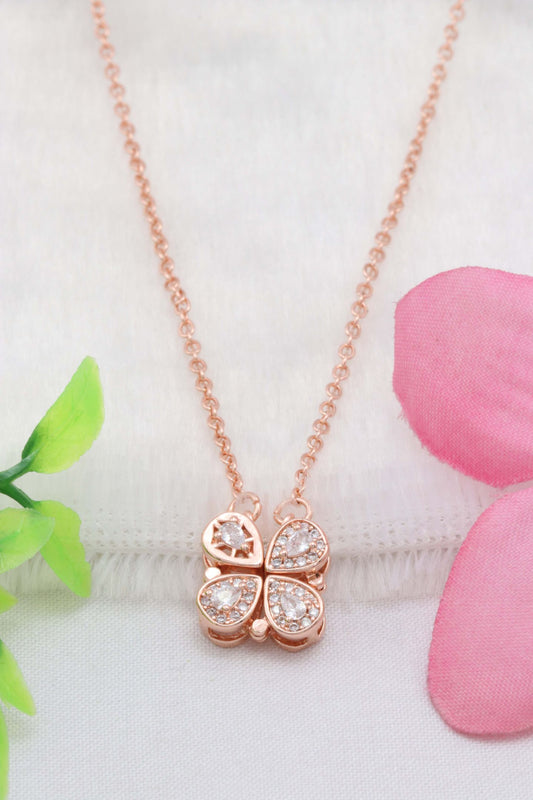 Rose Gold Magnetic Four-Petal Crystal Pendant Necklace