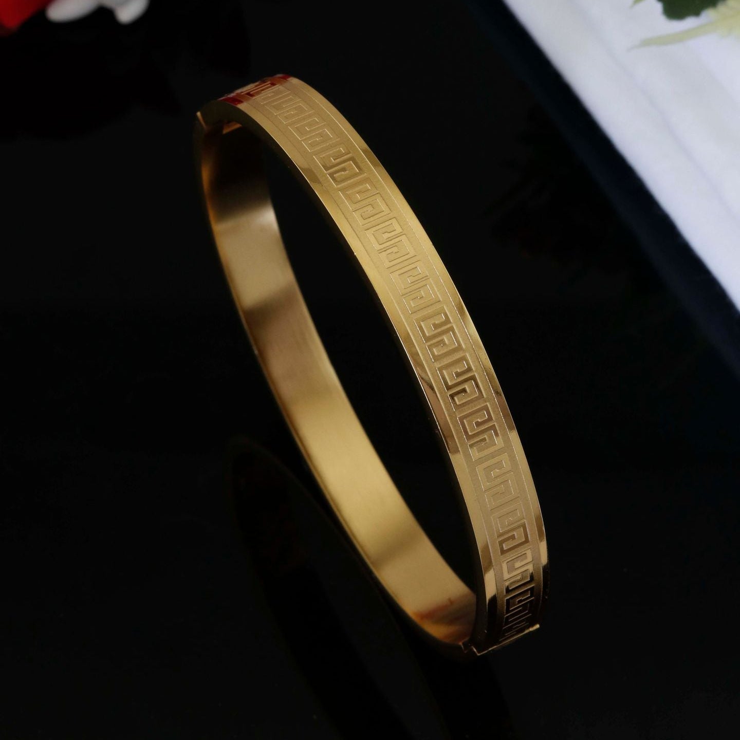 Greek Key Pattern Gold-Plated Kada