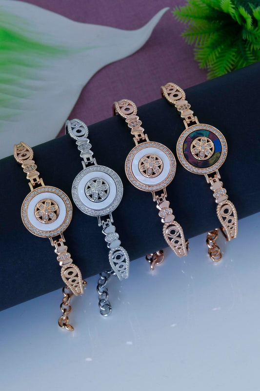 Round Floral Charm Designer Bracelet with Stone Border