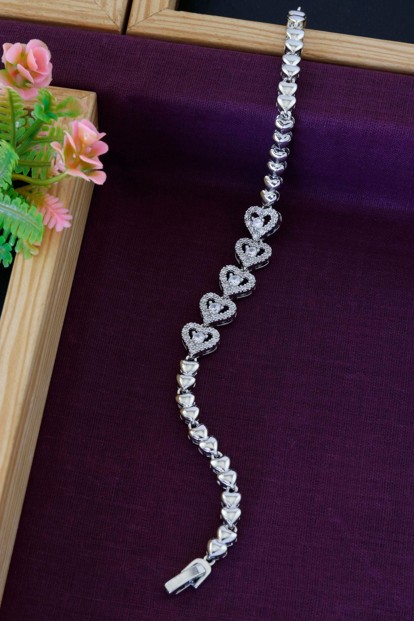 Silver CZ Heart Link Bracelet