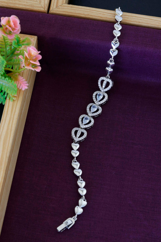 Silver CZ Double Heart Link Bracelet