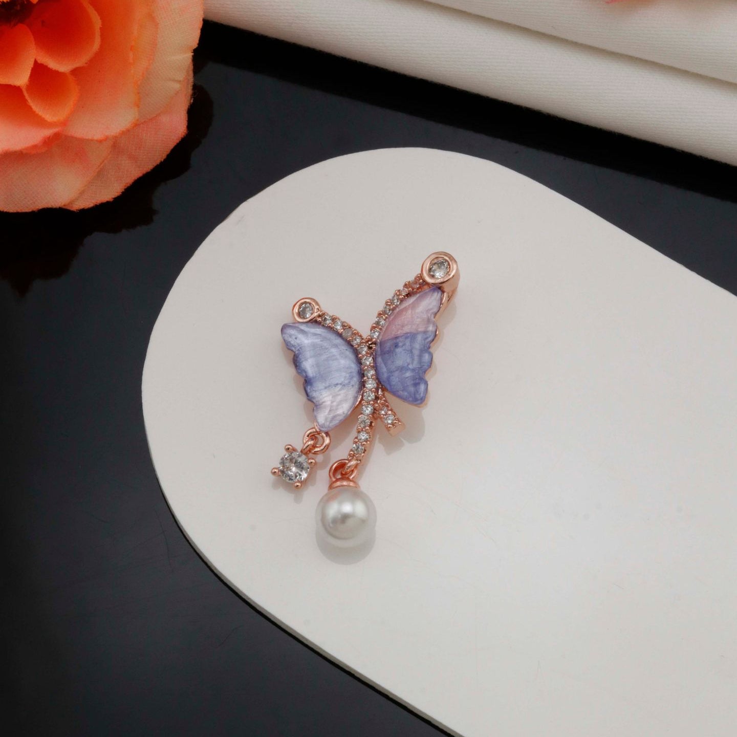 Elegant Butterfly Pendant with Pearl & CZ Stones
